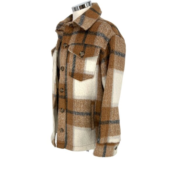 Avec Les Filles Plaid Shacket Jacket Button-Up Brown Cream Size Small - Picture 5 of 11